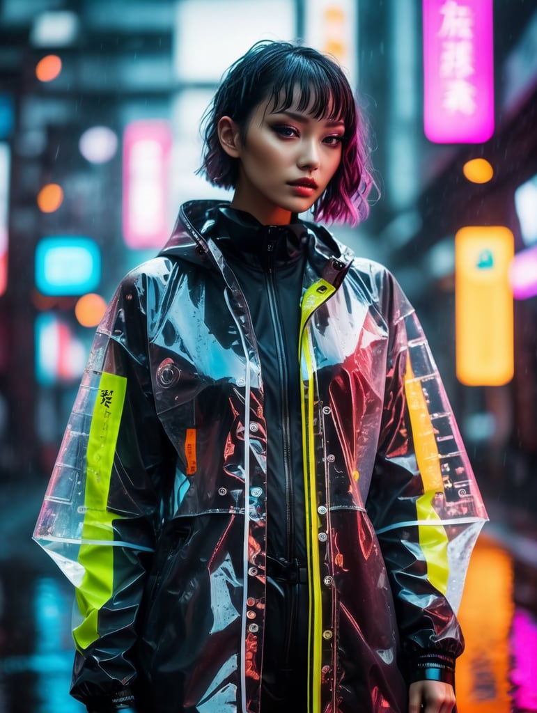 Cyborg girl wearing transparent raincoat, cyborg parts, rainy dark and neon tokio photo shoot, cyberpunk style, bright colours, high contrast, contrast lights