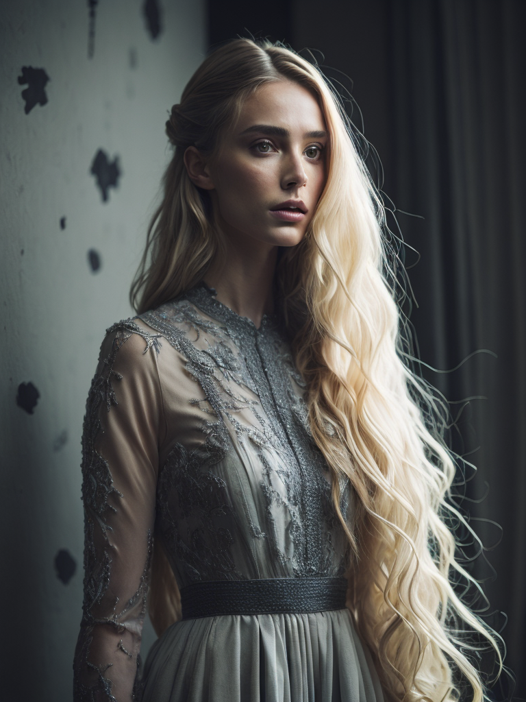 A beautiful woman model with long blonde hair. She is standing tall. She is dressed in a long light-colored dress adorned with various delicate and light-colored flowers.