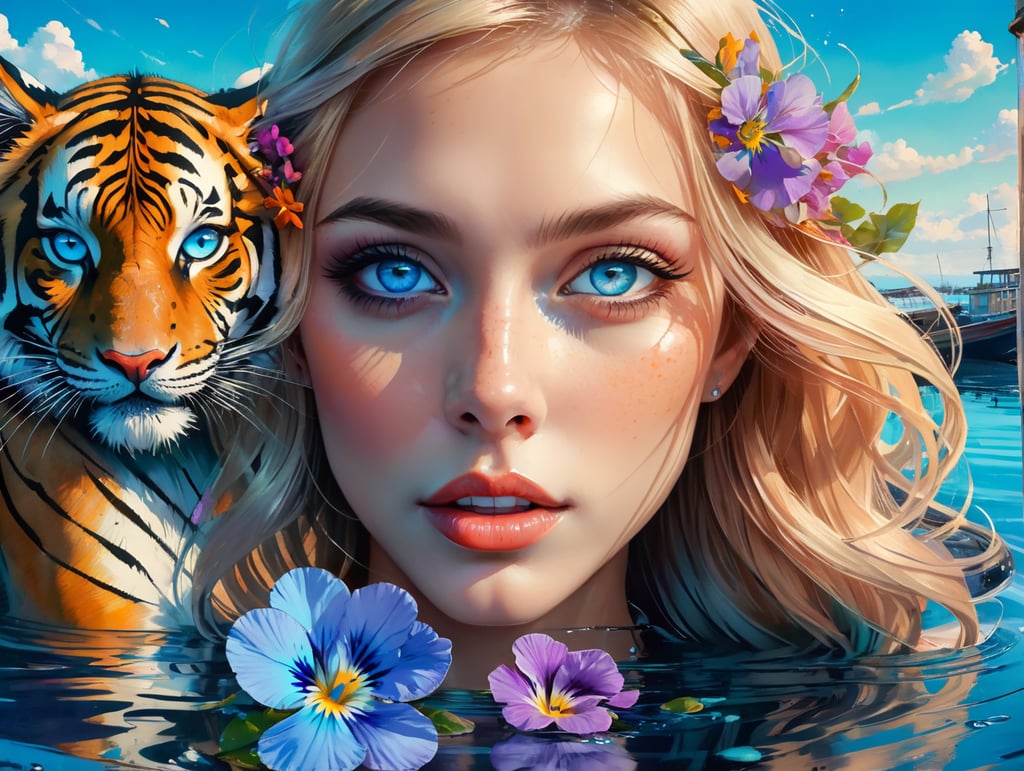 На лодке, в море. Девушка с тонкими светлыми волосами, голубые глаза, в глазах анютины глазки цветы видны. Рядом тигр. Много света и голубого. На небе облака. Отражение в воде