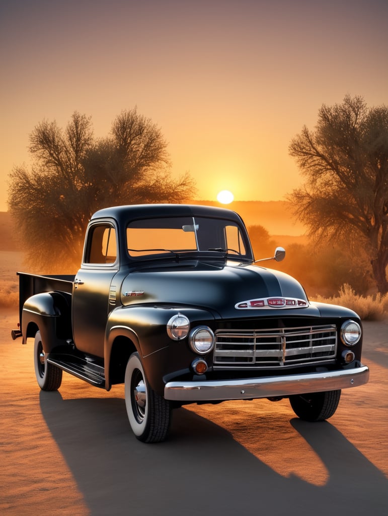 beautiful old pickup at sunset volumetric light, detailed, sharp focus, highly detailed,