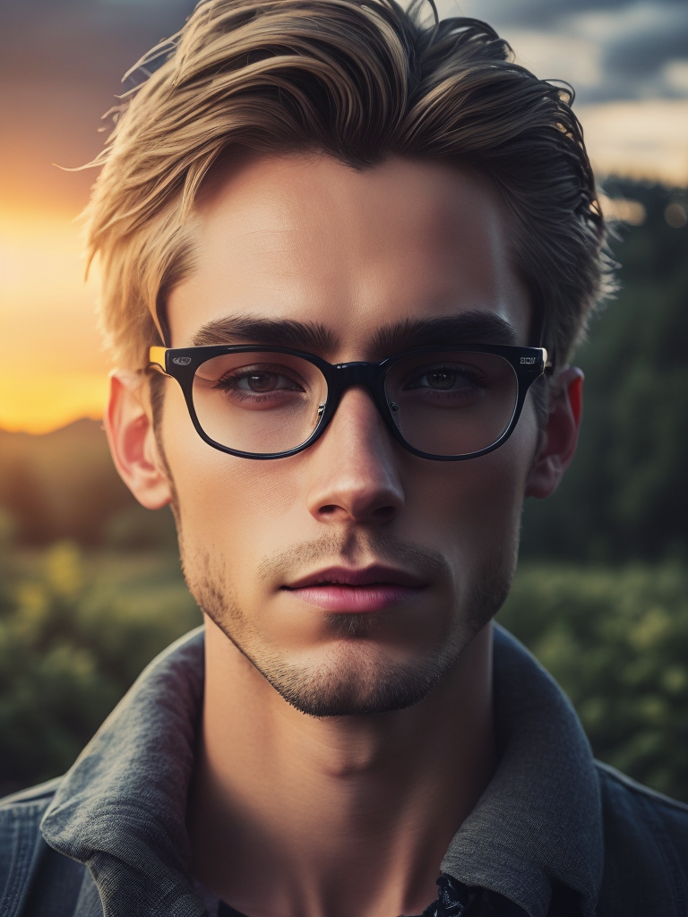 Blond man with glasses looking towards the sunset with a nature background, oval face