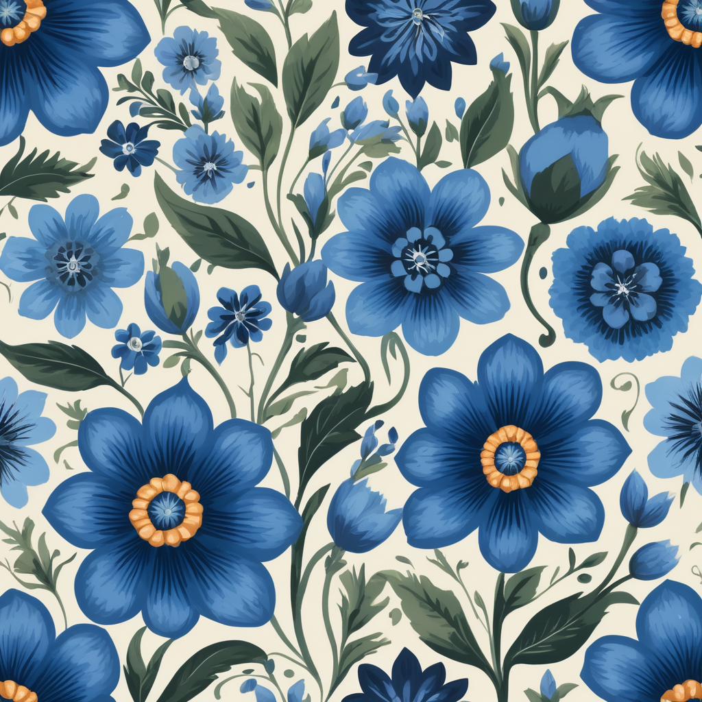 Seamless pattern beautiful floral pattern with blue flowers in the background, in the style of polish folklore motifs, juliana nan, mexican folklore - inspired, tivadar csontváry kosztka, clara peeters, texture exploration, blue color scheme, blue pallete, amoled, 264k render HD