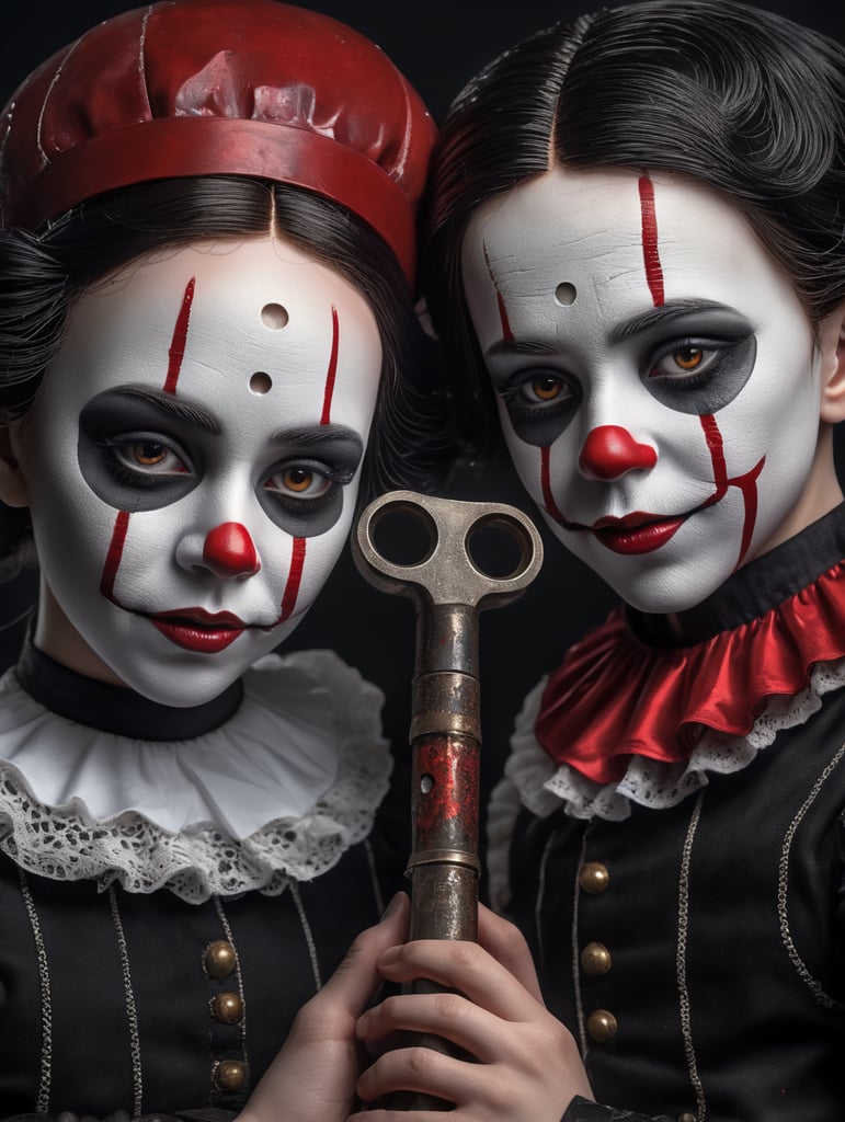 3d gothic porcelain dolls as mimes with tears of blood hyper realistic 8k holding a pipe wrench