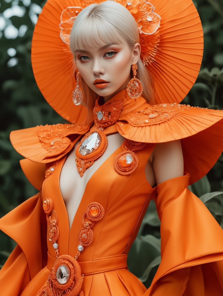 Girl in eco friendly haute couture outfit in the style of anime, surrealism, akira style. details. fine jewelry. eco friendly. orange vibe.