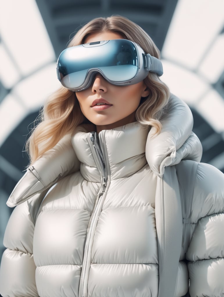 RAW photo, Color grading, Cinematic LUT's , Virtual Reality Goggles, Futuristic Looking woman, Inflatable minimalist Puffer Jacket , Sci-fi background, Fashion Sci-fi marketplace.