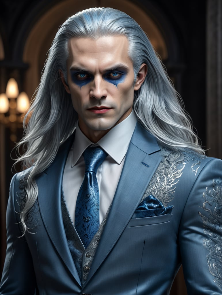 High society modern vampire with blue skin and long silver hair wearing a grey suit.