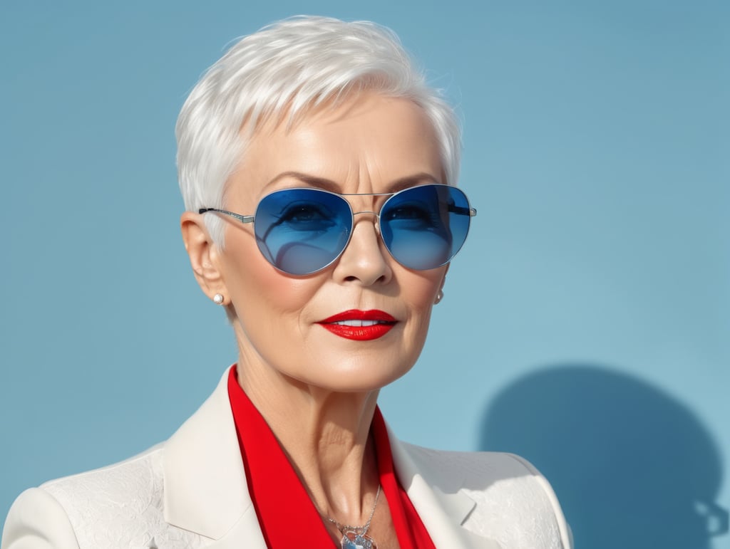 A portrait of a beautiful English older woman with white platinum short hair and big sunglasses, dressed all red, blue background, big cleavage, glamorous London portrait, highly realistic, women designer, very fashionable, colourful