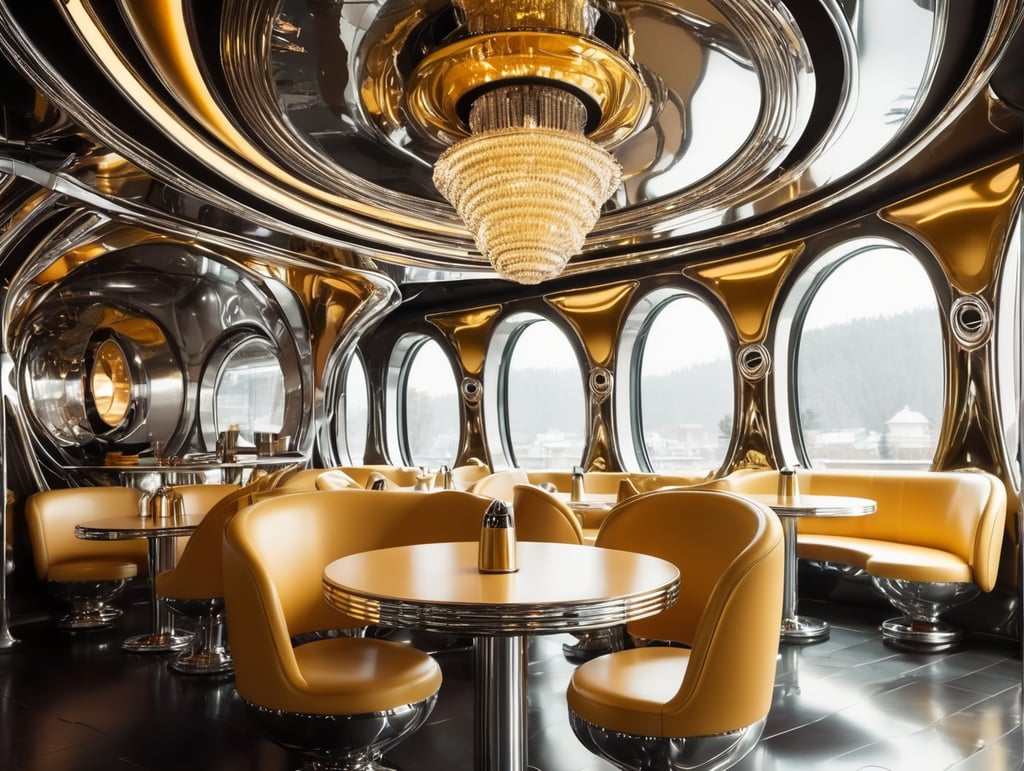 Futuristic interior of UFO cafe. Alien interior, chrome and gold tones
