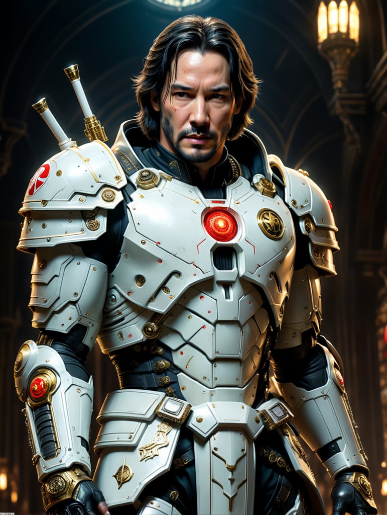 Young Keanu reeves from the 2005 Constantine Movie, but embedded in the Warhammer 40K universe, In a cool calm pose, Smoking a cigarette in his mouth, bolter gun strapped to his left leg. He is wearing Imperial white prist robes, and armor beneath them.