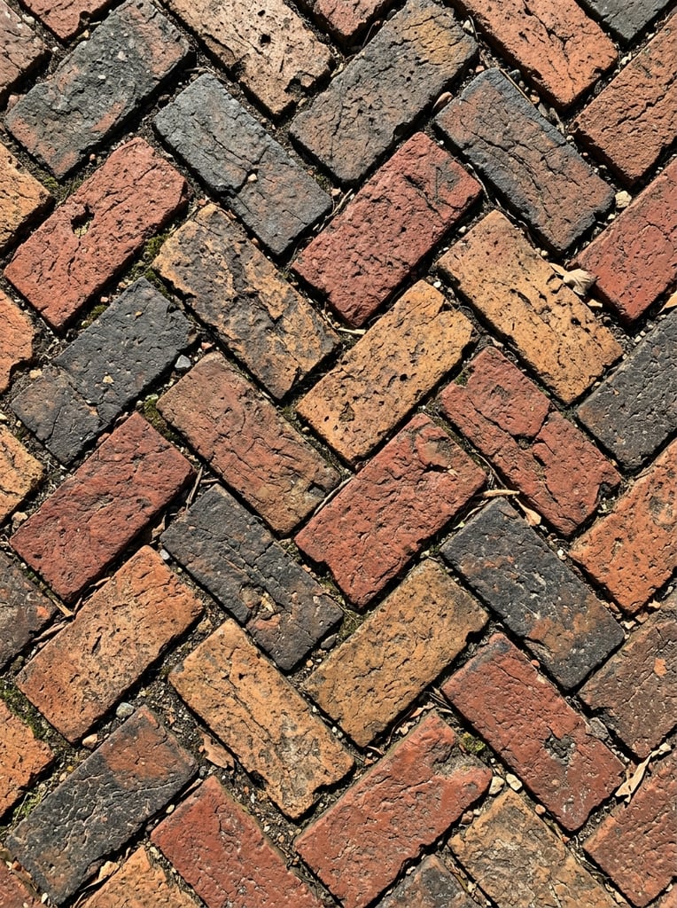 A weathered brick pavement laid in a classic herringbone pattern fills the frame from a top-down perspective. The rectangular bricks feature a highly textured, aged surface with chips, pores, and rough edges. The masonry displays a rustic color palette of deep terracotta reds, charcoal greys, and pale ochre yellows. Deep crevices separate the interlocking blocks, holding accumulated dirt and sparse bits of dry debris. Harsh, direct sunlight casts sharp, high-contrast shadows within the joints, emphasizing the tactile, uneven surface and forming a rich, geometric mosaic of rugged earth tones.