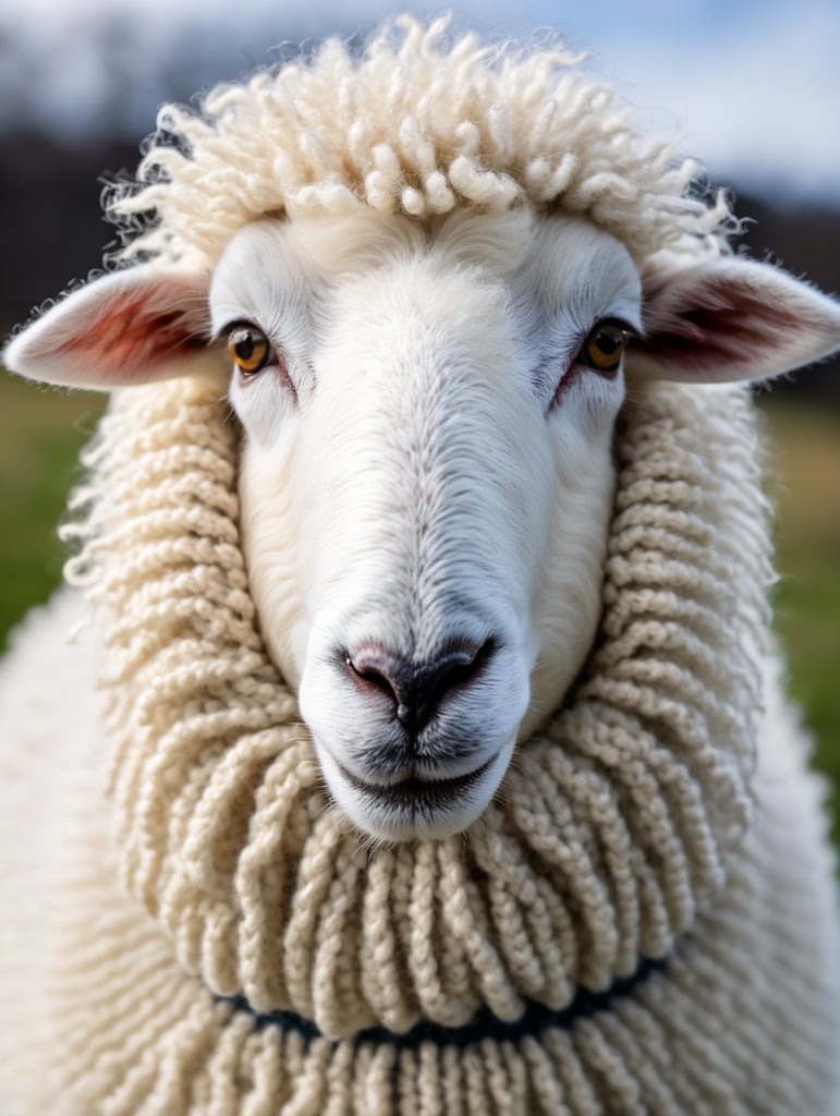 a white sheep wearing very hirsute crocheted sweaters for sheeple, portrait