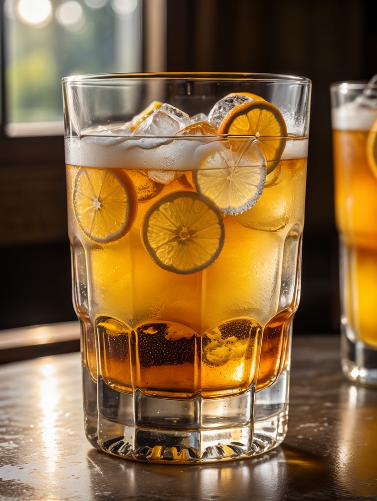 frontal view, old fashioned glass, liquid layers with orange at the bottom, yellow in the middle, clear top liquid, fizzy filled with ice