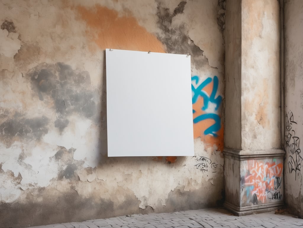 a white blank poster hangs on an old shabby wall with graffiti, the corner of the poster is bent, people are blurred, daylight, mockup, mock up