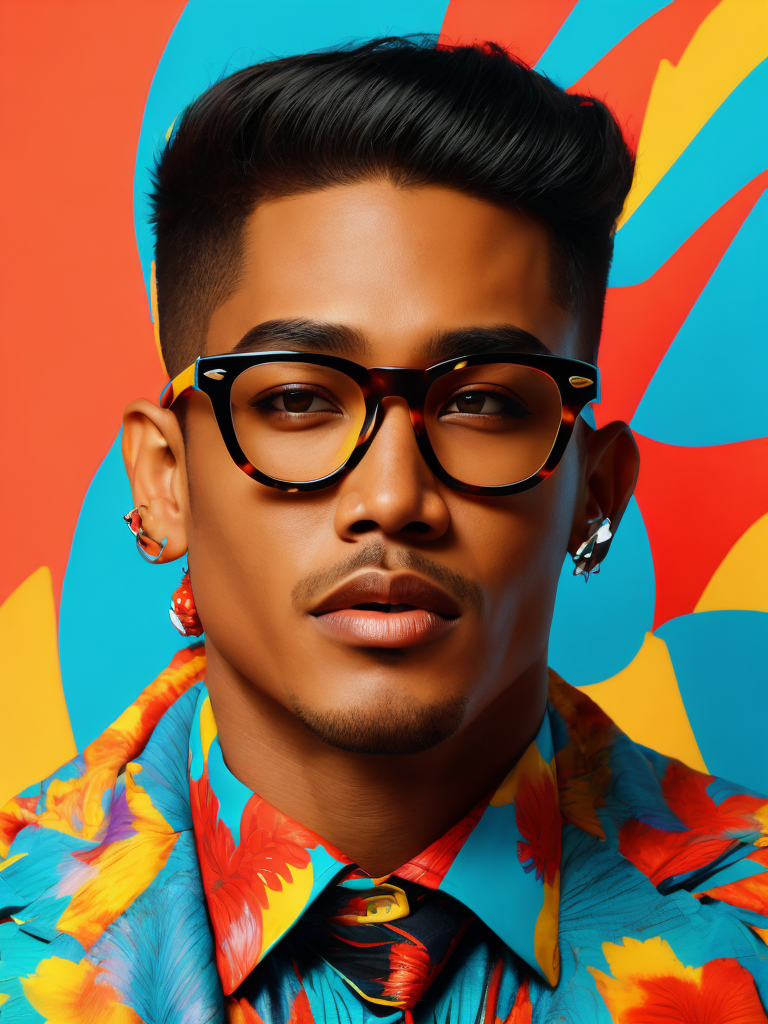 Hawaiian singer wearing a brightly patterned jacket and wayfarer glasses, Vivid saturated colors, Contrast color