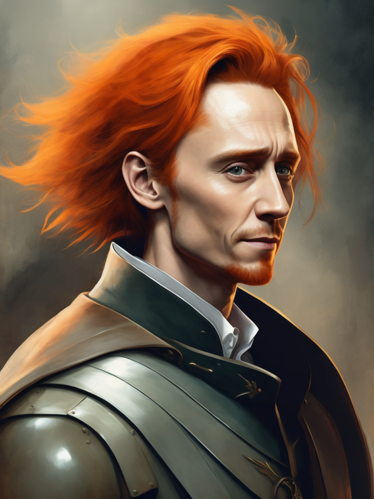 Portrait of Tom hiddleston with red hair in medieval style, detailed face, contrasting light