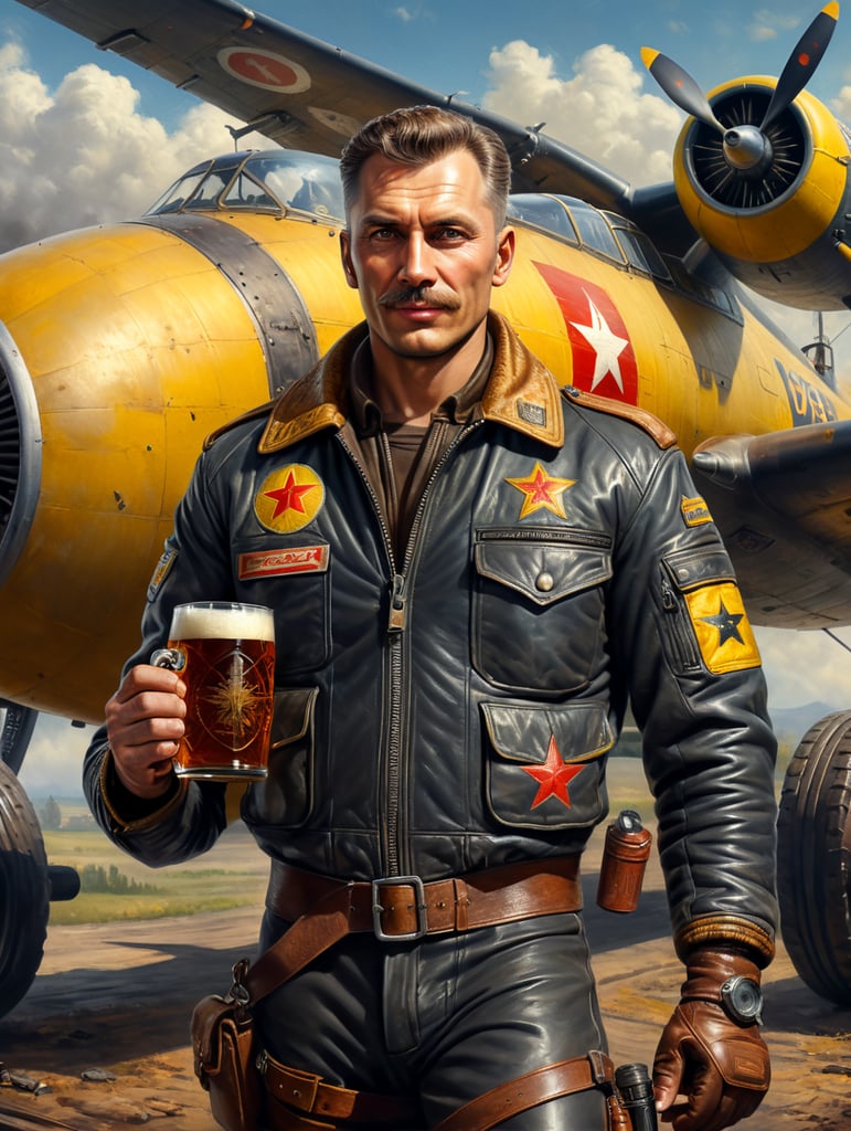 A Soviet male pilot dressed in a flying bomber leather jacket holds a mug of kvass in his hands, in the background a Soviet yellow barrel on wheels with kvass can be seen