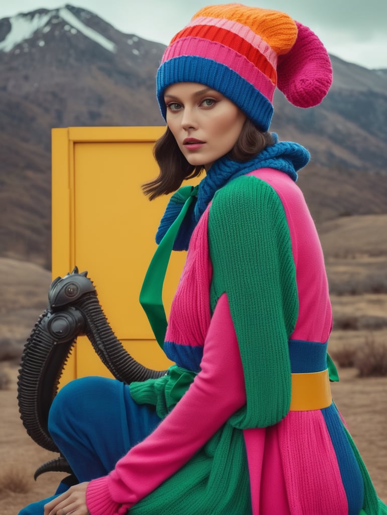 vogue photoshoot of an accurate Xenomorph from the movie Alien 1979 wearing a colorful beanie in Wes Anderson style, dress with bows