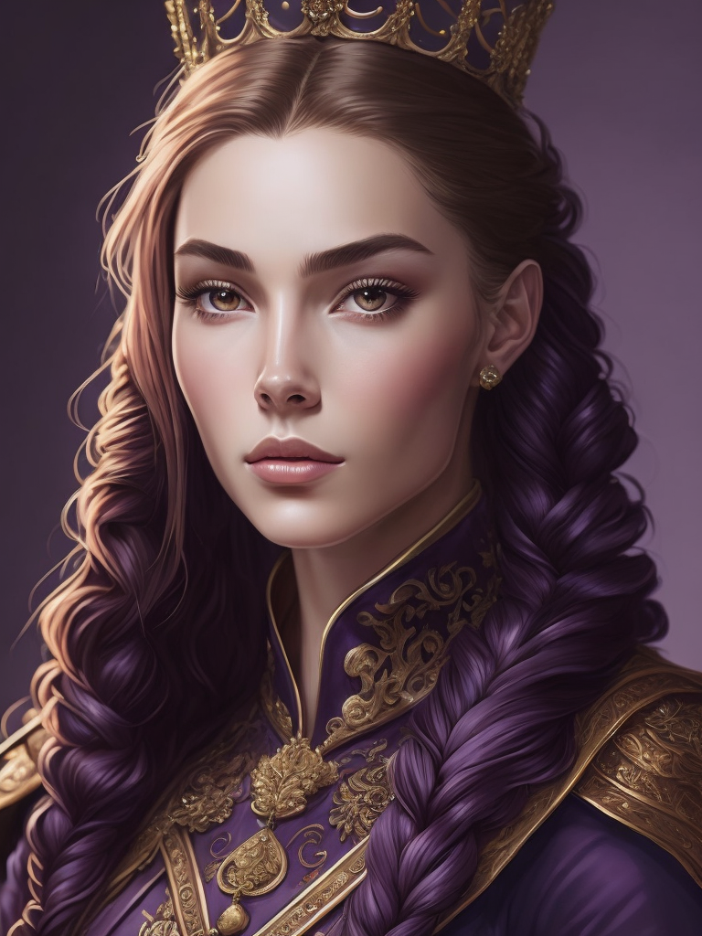 Portrait of a young queen with long wine color braided hair, royal guard purple outfit, elegant, highly detailed, digital painting, artstation, concept art, smooth, illustration, oval face, art by helena nikulina