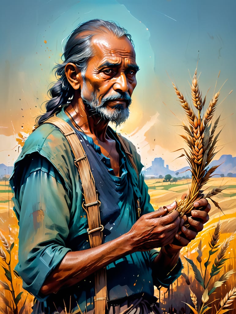 Heartbroken old Indian farmer holding wet wheat harvest in his hands