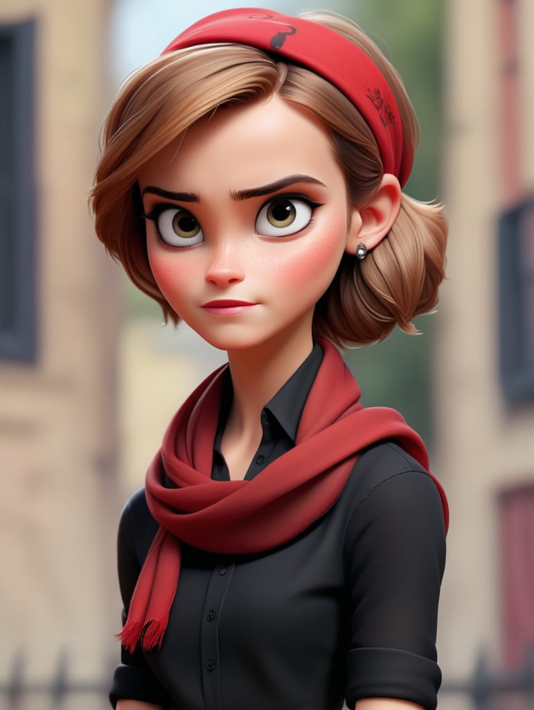 Portrait of Emma Watson wearing black blouse with red scarf, ultra realistic