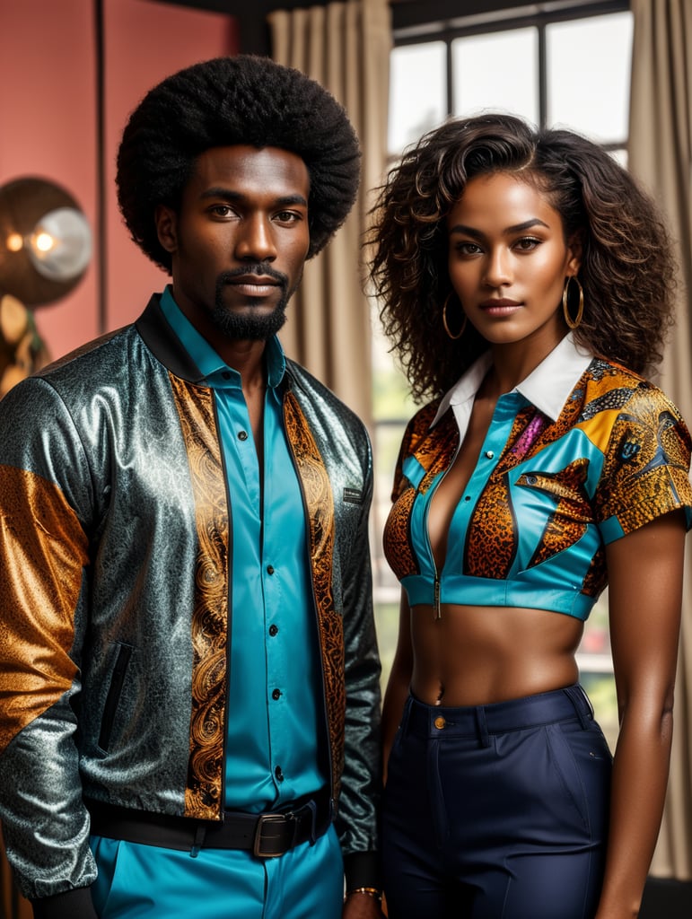 The assemblage has a very naturalistic style, with trademark use of bold colors and brushstrokes. Sportiv man and women ebony mannequins, afro dandy, athletic shape, 80's style, afrobeat, custom made jacket African shirt, colorful fabric, african curtain, fashion, ebony, black, mannequin, 3d model, couple, centered image