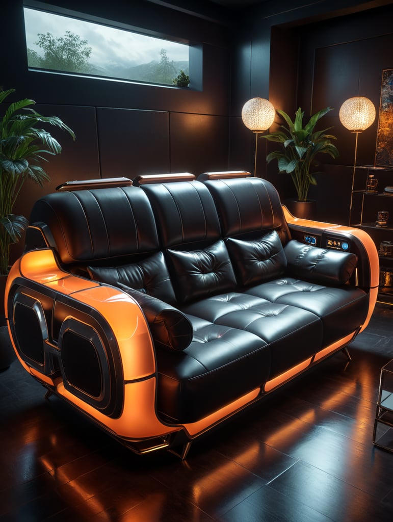 subject: A futuristic couch made of *** Style:Japandi, Photography: furniture photography, Lighting: realistic shadows, realistic lighting, realistic reflections, Colors: soft tone colors