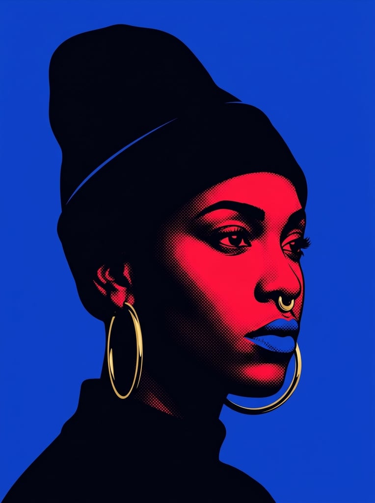 stylized pop-art portrait of a person in three-quarter profile facing right, high-contrast graphic illustration, bright royal blue background, deep black silhouette dominating the form, vivid red highlights illuminating the cheek and nose, striking bright blue lips matching the background, large gold hoop earrings, gold septum nose ring, tall dark beanie, dramatic flat lighting, stippled halftone texture blending the black and red areas, bold vector art aesthetic, minimalist composition, sharp edges, vivid primary color palette, intense expression