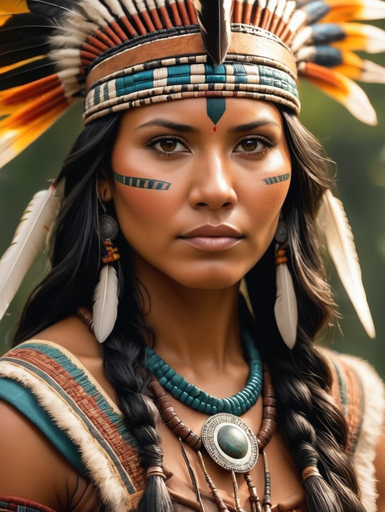 a realistic cinematic close-up of a beautiful Native American woman from the Amazon, indigenous woman, Indian queen South America, stunning Native American princess Amazon, Amazonian art, indigenous arts, dignified princess, beautiful woman from the Amazon Amazon, a beautiful proud female warrior leader, Indian iconography, beautiful art of colors! Native American woman, photo of a very beautiful Native woman.