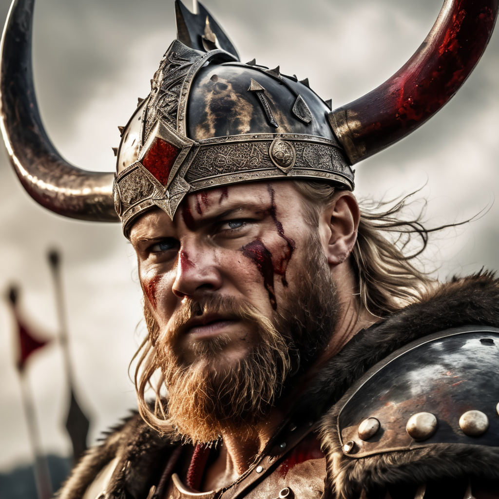 hyper realistic Blood stained viking warrior king with a crown and battle axes