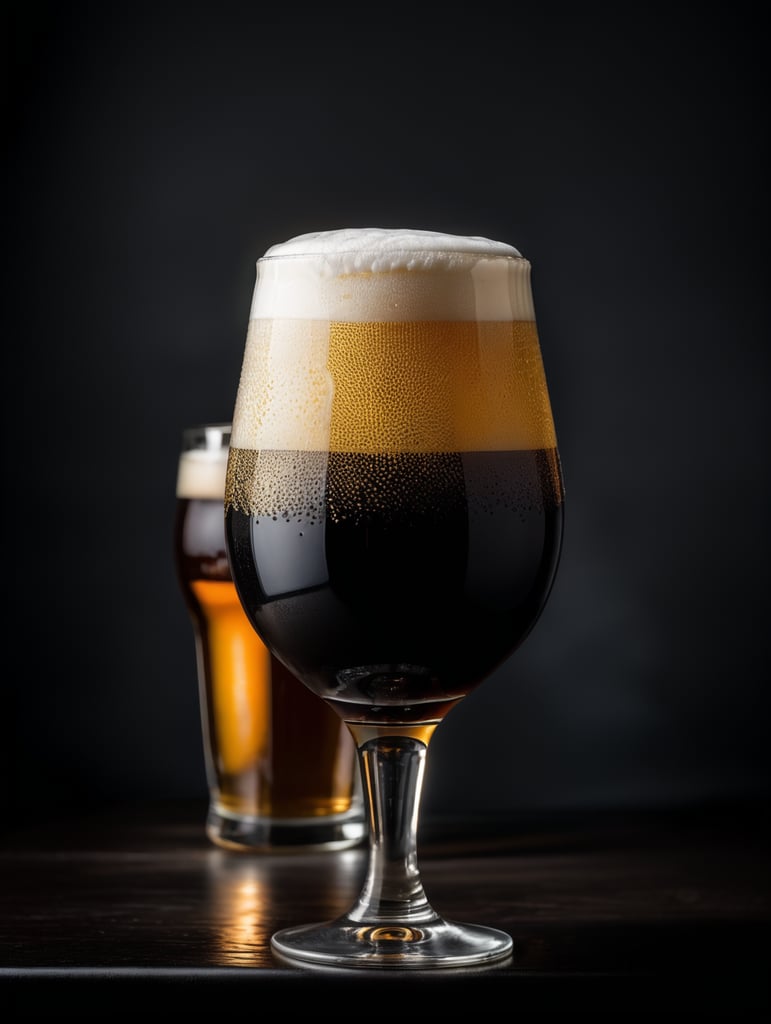 professional photo of a black beer glass, Beer foam coming out of a glass, isolated, black background