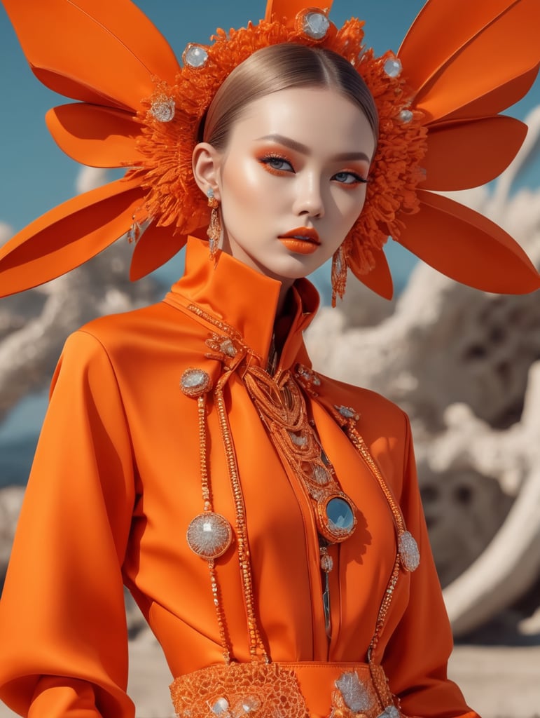 Girl in eco friendly haute couture outfit in the style of anime, surrealism, akira style. details. fine jewelry. eco friendly. orange vibe.