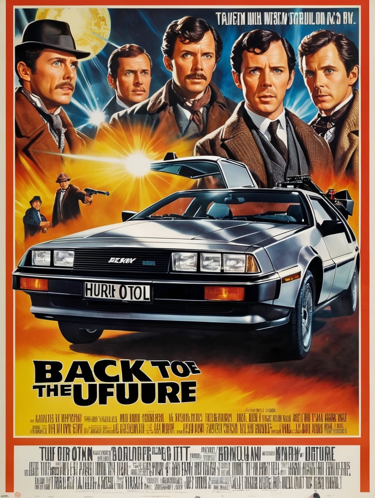 Sherlock Holmes, "back to the future" text on poster