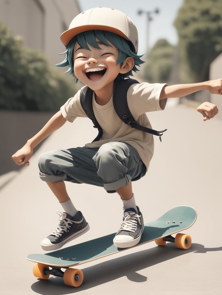 Anime skateboarder character Rolling and laughing