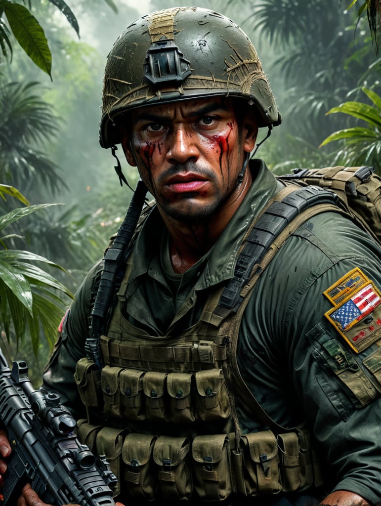 U.S Soldier, Jungle, stare, tired, blood.