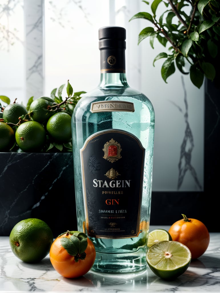professional photo of a gin bottle on a white marble table surrounded by limes, persimmons and mint, natural light