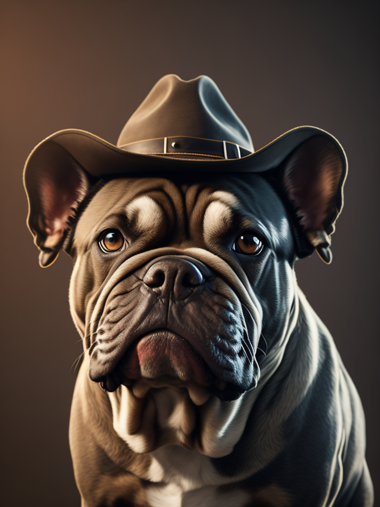 a British Bull dog wearing a cowboy hat.