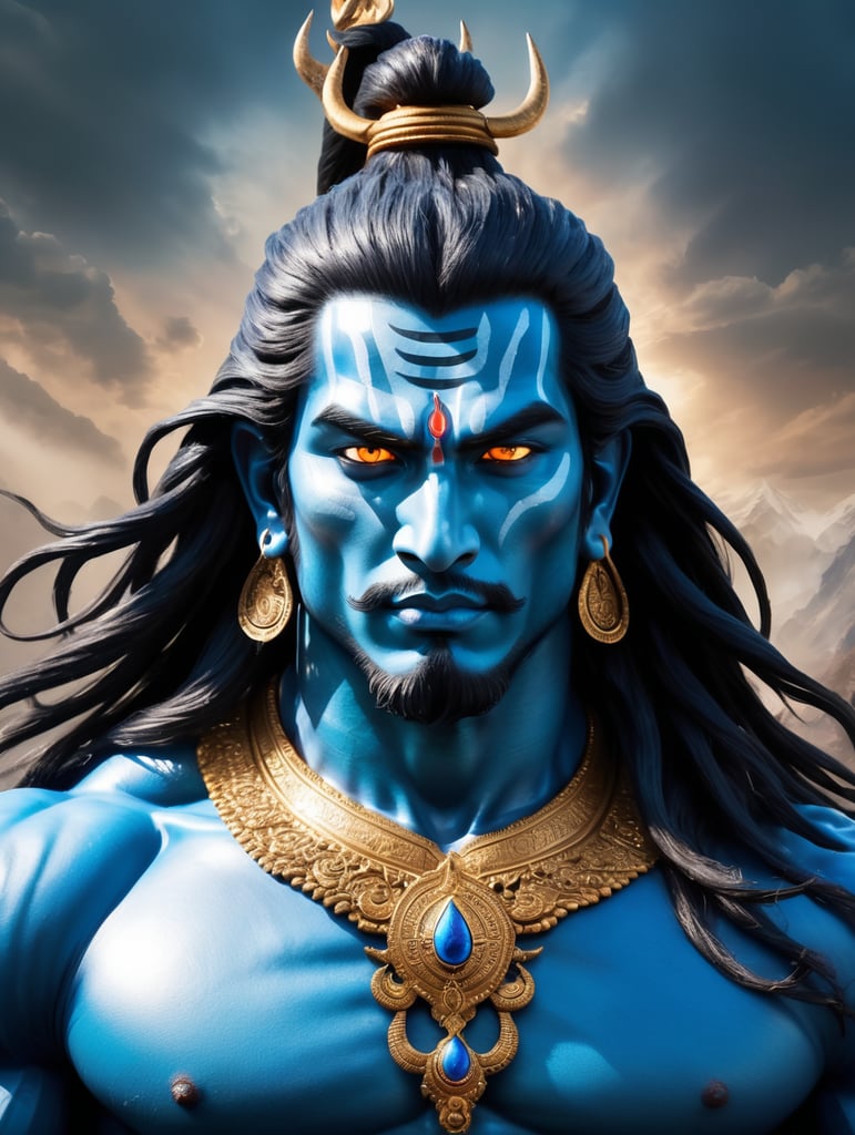 "A powerful and majestic depiction of Lord Shiva, with blue skin glowing in a divine light. His face is filled with intense anger, and his eyes radiate fierce energy. From his third eye, a beam of fiery energy (laa) is emerging, symbolizing his supreme power. Shiva's body is muscular, with defined six-pack abs, showcasing his strength and vitality. His long, flowing hair is styled in an intricate manner, framing his face and extending down his shoulders. The expression on his face and the commanding aura around him exude an overwhelming presence, compelling all to bow before him. The background is dramatic, with cosmic elements reflecting his divine nature."
