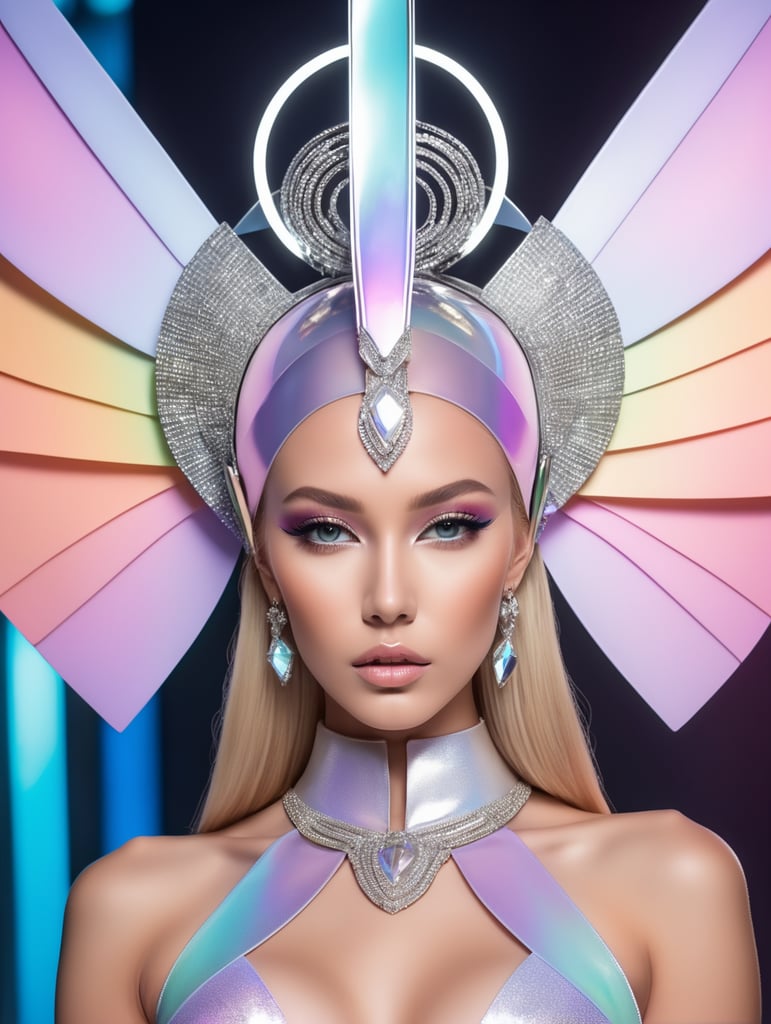 A beautiful blonde female pop artist all pastel sleek futuristic outfit, with huge headpiece center piece, clean makeup, with depth of field, fantastical edgy and regal themed outfit, captured in vivid colors, embodying the essence of fantasy, minimalist