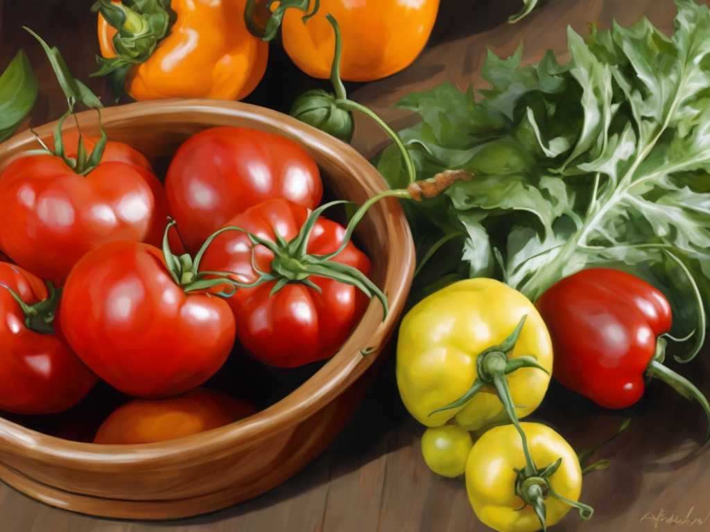 a bowl of tomatoes, peppers, and oranges on a table with greens and oranges in the background, a stock photo, incoherents, Arcimboldo, professional food photography