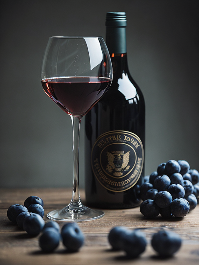 wine bottle with glass of dark red wine, grapes