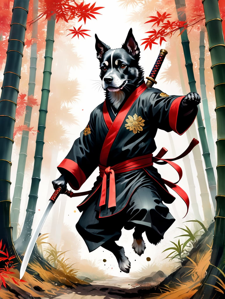 Ninja schnauzer dog, spiked fur, wearing black large kimono decorated golden schnauzers embroidery, jumping on the air, twirling samurai swords, bamboo forest, manga style illustration, black and white illustration with red details