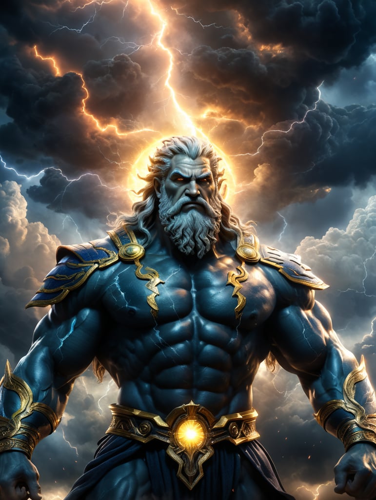 Create me an very high qualtiy picture of Zeus in the Sky with lightningstrikes in the background