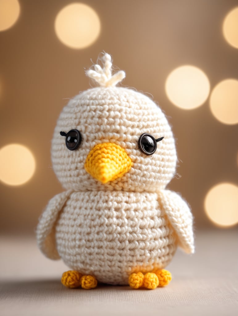 Stock photo, crocheted Amigurumi chick, studio photo, white and beige shades, bokeh, 32K, Sony Alpha a7R IV and 50mm f 1.4