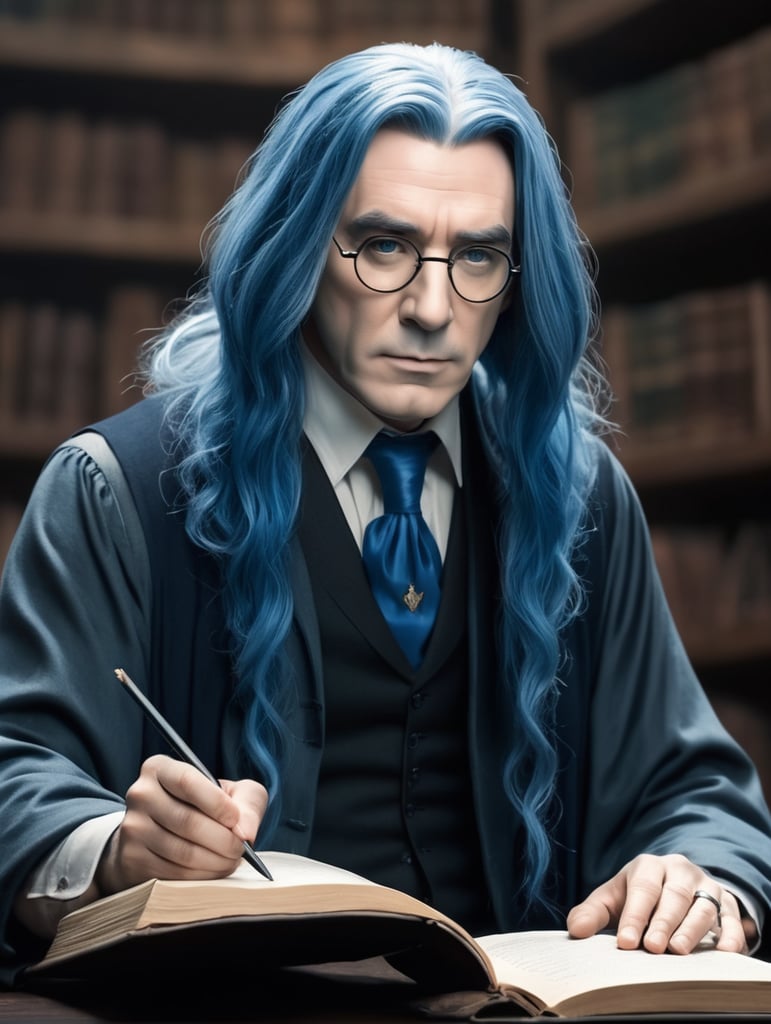 professor Snape from Harry Potter with blue hair, serious face teaching a lecture