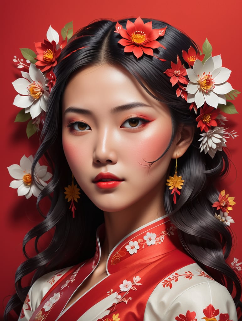 Asian girl in paper cut style on RED background, flowers on her hair, eyes closed, copy space, banner for Women's Day