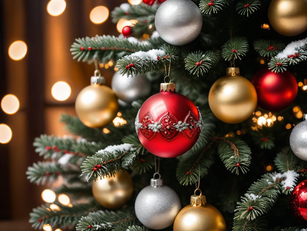premium christmas tree silver red christmas balls christmas colors snowy christmas festive decorations elegant holiday tree ornaments winter wonderland luxurious christmas decor glamorous holiday theme