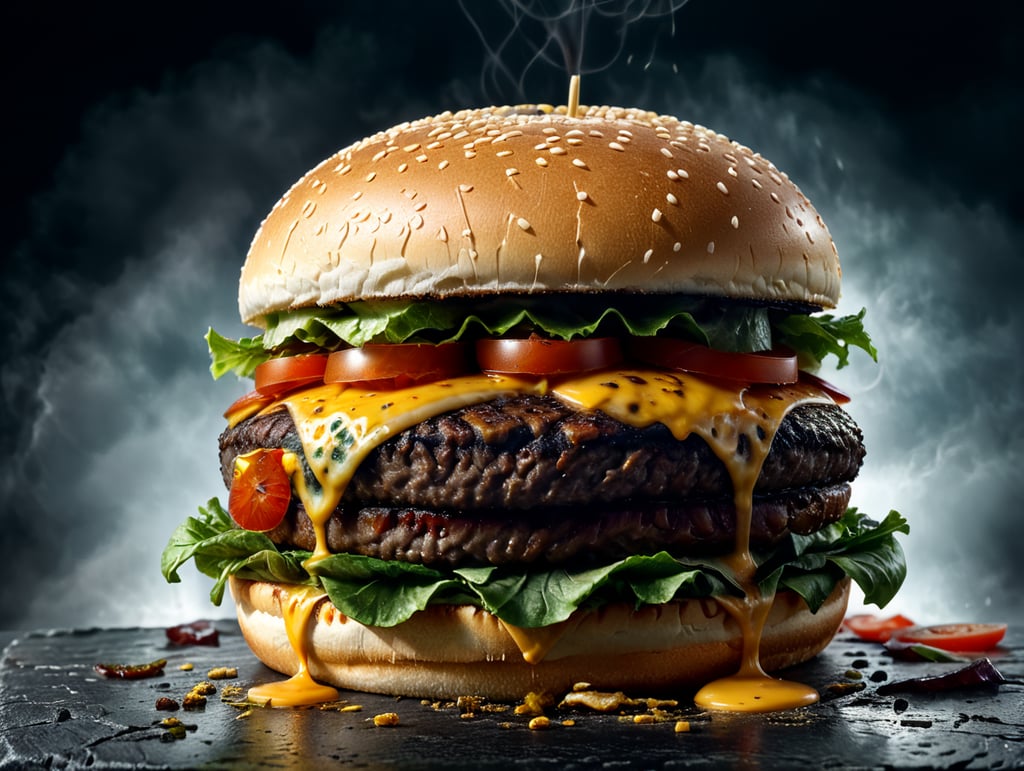 an appetizing burger with lettuce, tomato and melted cheese, ultra hd, isolated, hyper realistic, detailed,