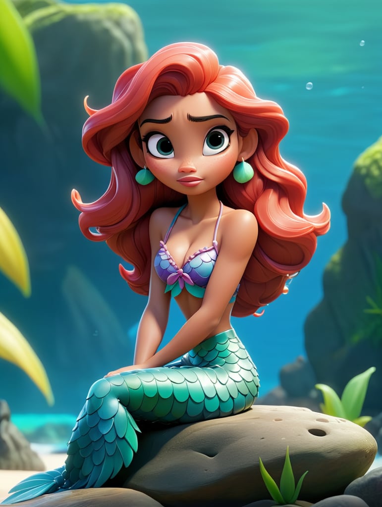 Cartoon of a young hawaiian mermaid on a beautiful island, sitting on rock.