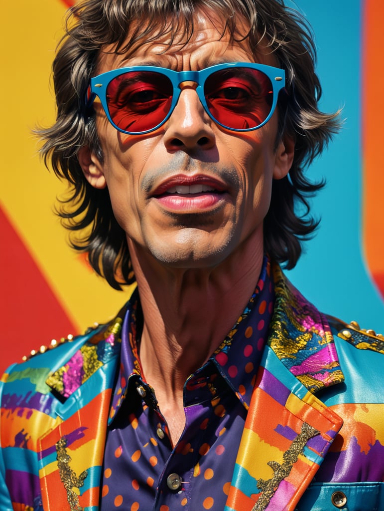 Mick Jagger wearing a brightly patterned jacket and wayfarer glasses, Vivid saturated colors, Contrast color