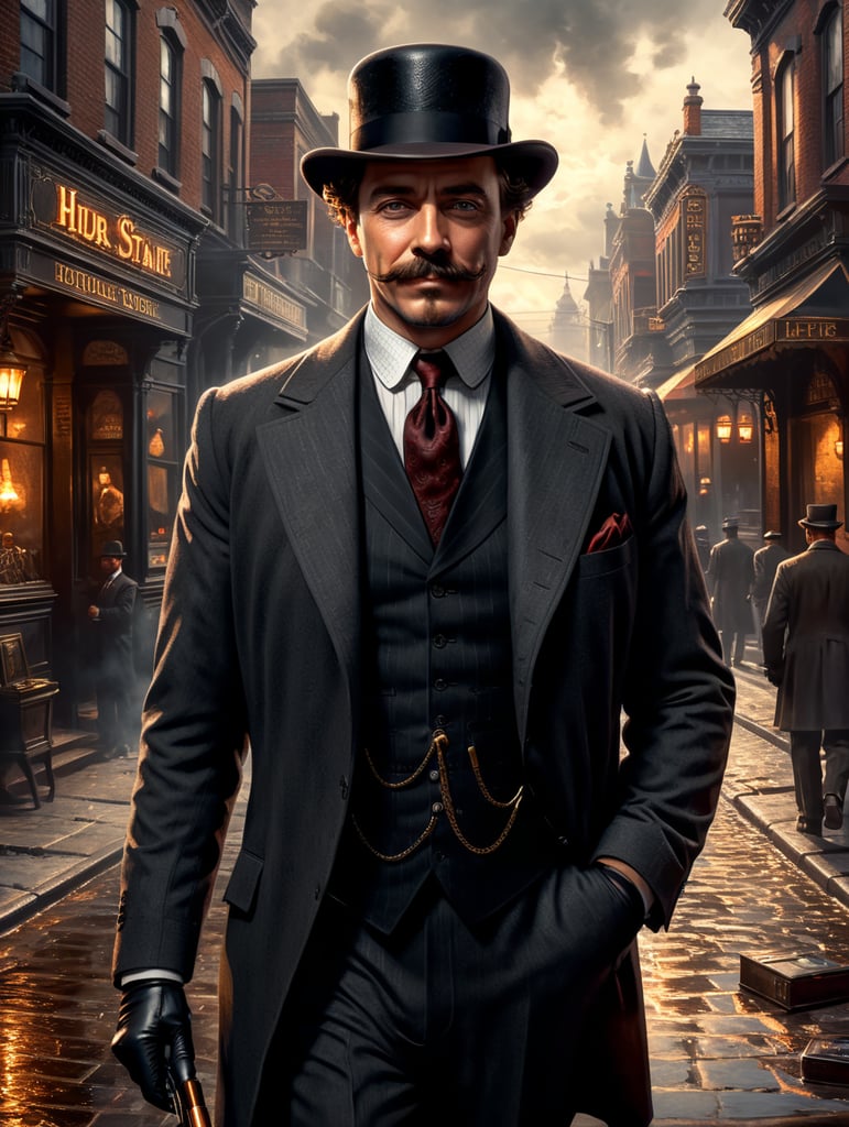 Step into the world of H.H. Holmes, where a sharp suit and a charming smile hide a dark and twisted mind. Show us the shadows that hint at his true intentions as he confidently sells insurance to unsuspecting victims."